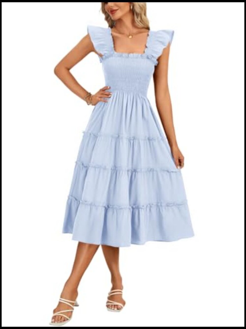 Sleeveless Smocked Square Neck A-Line Midi Sundress with Ruffle Straps - Picture 3 of 6